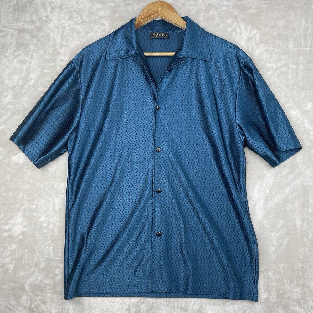 Pop Icon Men's XL Vintage Metallic Teal Blue Zig Zag Button Down Shirt 90s Party